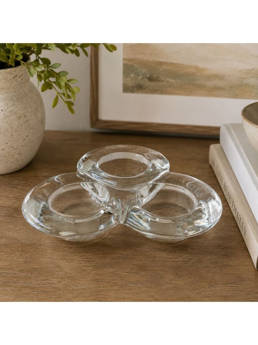 Party Lite Diamond Heavy Clear Glass Triple Tealight Candle Holder Vintage Retir